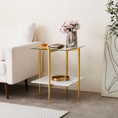 LumFurn Square Glass End Table, Mid-Century Modern Design Sofa Table, for Living Room, L18 x W18 x H23, Clear Glass Top and White Marble MDF Shelf, Sleek Conical Metal Legs with Gold Finish - color: Clear & White Marble, size: L18" Square End Table