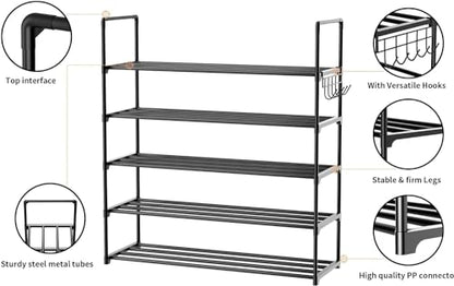 Metal Shoe Organizer,5 Tiers Shoe Storage Shoe Rack with Hooks,Fit 20-25 Pairs,Adjustable Shoe Shelf for Entryway,Hallway,Bedroom,Metal Bottom Support - size: 5 Tier