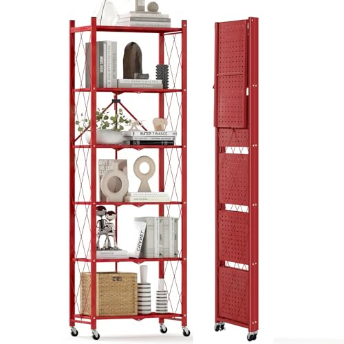 DEANIC 6-Shelf Folding Bookcase with Wheels, Heavy Duty Storage Shelves, Freestanding Metal Wire Shelving Unit for Living Room, Office, Kitchen, Basement, Pantry (Red) - color: Red, size: Compact 6 tier