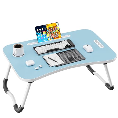 Folding Lap Desk, 23.6 Inch Wood Laptop Bed Desk with Cup Holder, Portable Bed Table for Working Writing Reading & Eating for Bed, Sofa, Couch, Floor - Blue - color: Blue