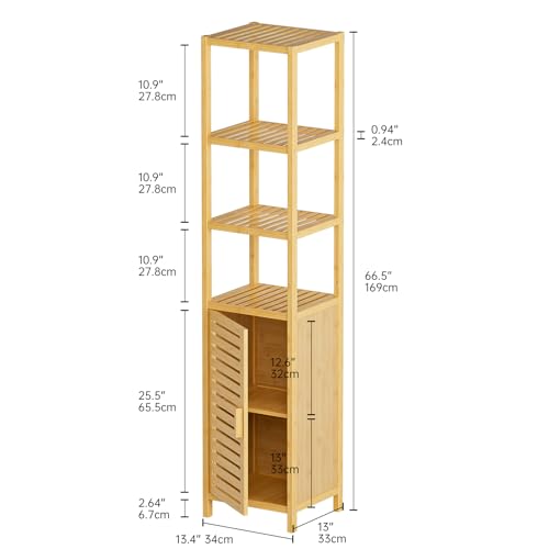 HITNET Bathroom Floor Cabinet, 6 Tier Tall Thin Linen Tower Storage Cabinet Free Standing Bamboo, Kitchen Side Organizer with 3 Shelves and Cupboard, Natural - color: Natural