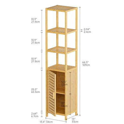 HITNET Bathroom Floor Cabinet, 6 Tier Tall Thin Linen Tower Storage Cabinet Free Standing Bamboo, Kitchen Side Organizer with 3 Shelves and Cupboard, Natural - color: Natural