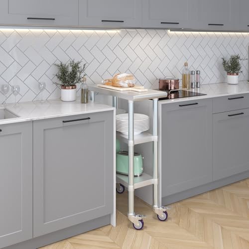 AmGood Stainless Steel Work Table with 2 Shelves and Casters | Metal Utility Table On Wheels (Stainless Steel Work Table with 2 Shelves + Casters, 12" Long x 30" Deep) - size: 12" Long x 30" Deep