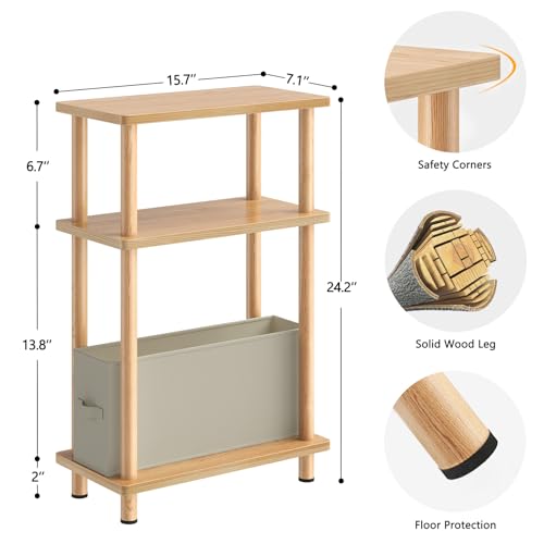 Apicizon Small Narrow Side Table, 3-Tier Skinny End Table for Small Spaces, Slim Nightstand with Fabric Basket, Bedside Table for Living Room, Bedroom, Natural - color: Natural, style: Narrow Side Table with Basket