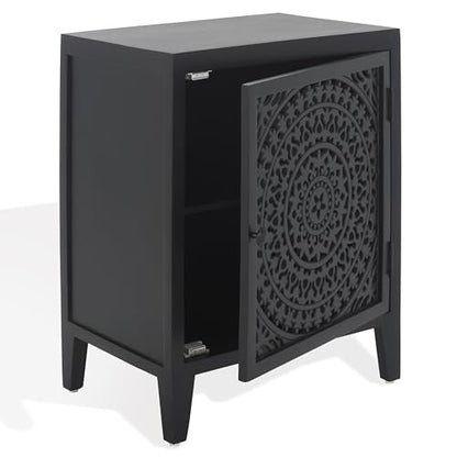 SAFAVIEH Furniture - Thea 1-Door Carved Nightstand - Black - Mango Wood - Artisan Global Design - Ideal for Bedroom, 20" W x 14" D x 26" H - Fully Assembled (NST5300D) - color: Black