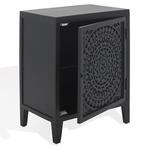 SAFAVIEH Furniture - Thea 1-Door Carved Nightstand - Black - Mango Wood - Artisan Global Design - Ideal for Bedroom, 20" W x 14" D x 26" H - Fully Assembled (NST5300D) - color: Black