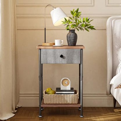 VECELO End Tables, Modern Nightstand with Fabric Drawer & Open Shelf, Night Stand for Bedroom Living Room, Industrial Metal Frame, Easy Assembly, Rustic Brown,1 Pack - color: Rustic Brown, size: 1 PACK