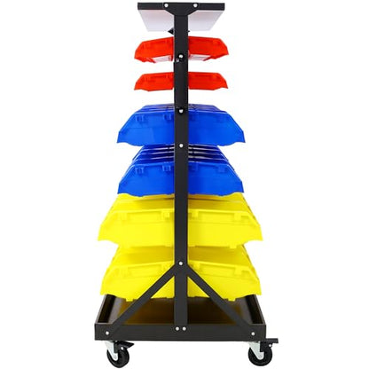 6-Tier Dual-Sided Rolling Bin Rack, Heavy Duty Steel Organizer Shelf with Locking Casters & 60 Bins, 350 lbs Capacity for Garage, Workshop & Hardware Tools (6-Tiers) - size: 6-Tiers