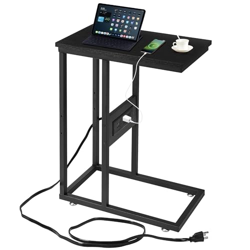 VECELO C-Shaped End Side Table with Charging Station & 2 USB Ports and Outlets for Living Room, Bedroom, with Adjustable Feet for Couch Sofa, Bedside, Small Spaces， Black - color: Black, size: 1