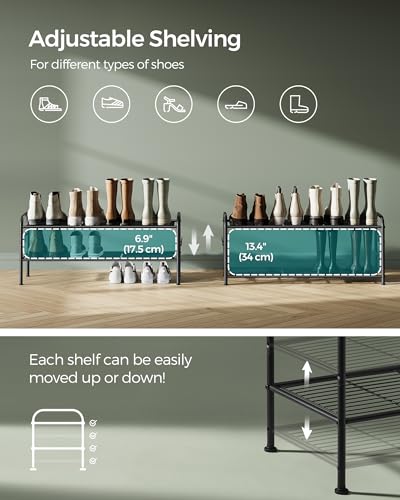 SONGMICS Shoe Rack, 2-Tier Shoe Organizer, Metal Shoe Shelf Storage with 4 Side Hooks, Holds 12 Pairs of Shoes, Height-Adjustable Shoe Rack for Entryway, Hallway, Closet, Ink Black ULMR128B01 - size: 2 Tiers (33.5"W)