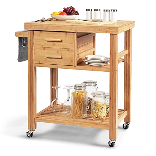 Bamboo Kitchen Island on Wheels, Lockable Rolling Kitchen Cart with 2 Storage Drawers & Open Shelf, Wood Utility Butcher Block Island with Towel Rack