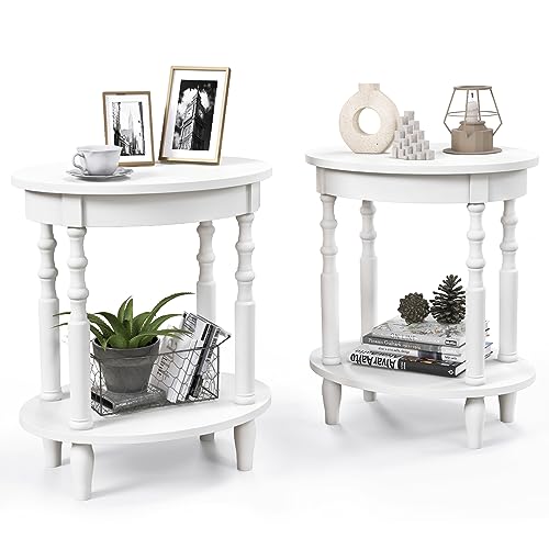GOFLAME 2-Tier Oval End Table Set of 2, Sofa Side Table with Storage Shelf, Solid Wood Legs, Modern Accent Table, Compact Nightstand for Living Room, Bedroom, Small Space, White - color: White