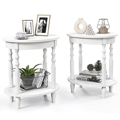 GOFLAME 2-Tier Oval End Table Set of 2, Sofa Side Table with Storage Shelf, Solid Wood Legs, Modern Accent Table, Compact Nightstand for Living Room, Bedroom, Small Space, White - color: White