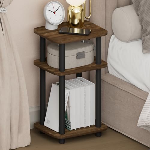 Furinno JUST Night Stand, 3-Tier Turn-N-Tube Nightstand with Open Shelf, Round Curve Corner Side Table, End Table, Easy Assembly, for Living Room, Bedroom, Columbia Walnut - color: Columbia Walnut/Black, size: 3-Tier, Curve Corner