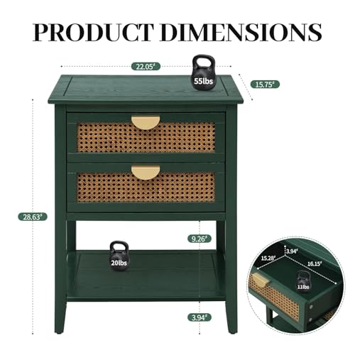 vistavie 22" Green Rattan End Table with 2 Drawers and Open Shelf, Boho Accent Side Table with Gold Semi Circular Handles and Solid Wood Legs for Living Room - color: Green Set of 1