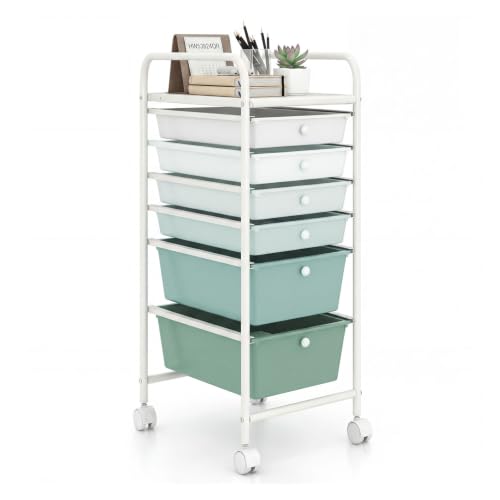 GOFLAME 6-Drawer Rolling Storage Cart, Multifunctional Art Craft Organizer Cart, Mobile Utility Storage Cart with Removable Drawers & Lockable Wheels, Craft Cart for Home Office, Green Gradient - color: Green Gradient, size: 6-Drawer without Wood Top
