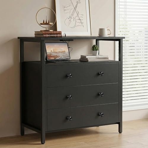 Edbuosy 3 Wooden Drawers Night Stand, 27 Inch Wide Nightstand with Charging Station and Adjustable Drawers, Small Dresser for Closet, Bedside Table for Living Room/Bedroom/Office, Black - color: Black, size: 27"W-3 Drawers