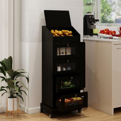 ARTETHYS Potato Storage Bin 5-Tier Rolling Black Bread Box with Side Rack | Onion Keeper with Spice Rack on Wheels, Movable Fruit & Vegetable Container with 4 Ventilated Drawers for Kitchen - color: Black