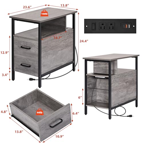 Livofloral Side Table, Gray End Tables with Charging Station, Narrow End Table with Wooden Drawers, USB Ports and Power Outlets, Nightstand and Bedside Table, Side Table Living Room, Bedroom - color: Light Gray