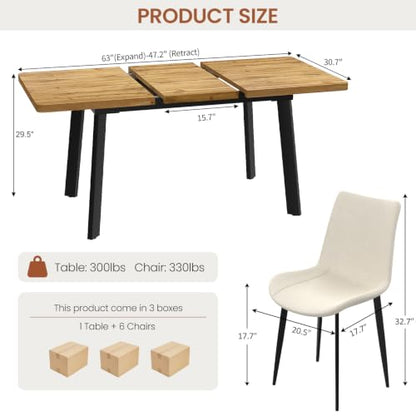 Extendable Dining Table Set for 4 to 8 People, 47.2" to 63" Modern Kitchen Table Set with 6 Leather Chairs, MDF Dining Room Table and Chairs with Removable Extension Leaf (Walnut Table+White Chairs) - color: 47.2'' - 63'' Walnut Table+6 Beige Chairs