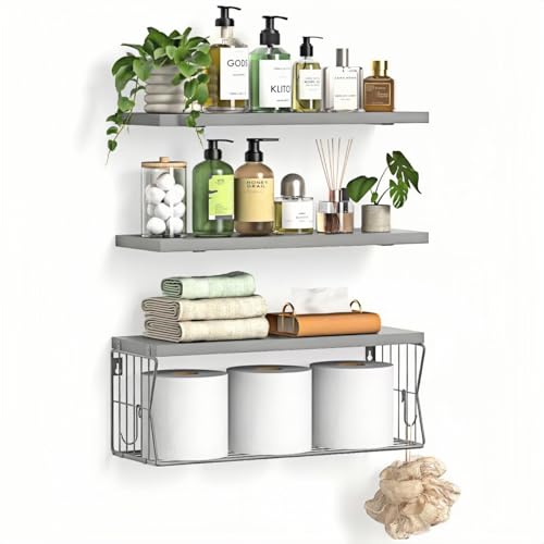 Floating Bathroom Shelves Wall Mounted - Wooden Shelf Set of 3 for Over Toilet Storage & Modern Bathroom Decor - Perfect Wall Shelving Organizer for Apartments RVs Powder Rooms Restroom - Grey - color: Grey