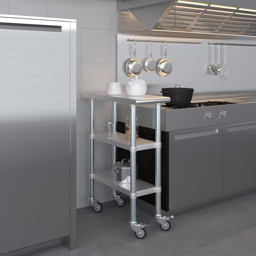 AmGood Stainless Steel Work Table with 2 Shelves and Casters | Metal Utility Table On Wheels (Stainless Steel Work Table with 2 Shelves + Casters, 12" Long x 30" Deep) - size: 12" Long x 30" Deep