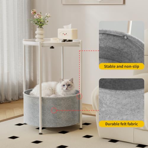Small Round Side Table with Felt Storage Basket and Removable Tray | Accent Table, Metal End Table with Adjustable Feet, Side Table for Nursery, Bedroom, Living Room, Laundry Room, White - color: White