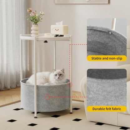 Small Round Side Table with Felt Storage Basket and Removable Tray | Accent Table, Metal End Table with Adjustable Feet, Side Table for Nursery, Bedroom, Living Room, Laundry Room, White - color: White