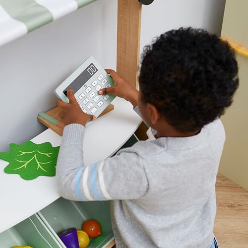 Teamson Kids Little Helper Wooden Farmer's Market Stand with Pretend Cash Register and 6 Plastic Storage Bins, Green, TD-13638A-AMZ | Pretend Grocery Store Playset, Cash Register Toy, 6 Storage Bins, Awning, Ages 3+ - style: Market Stand w/ Storage