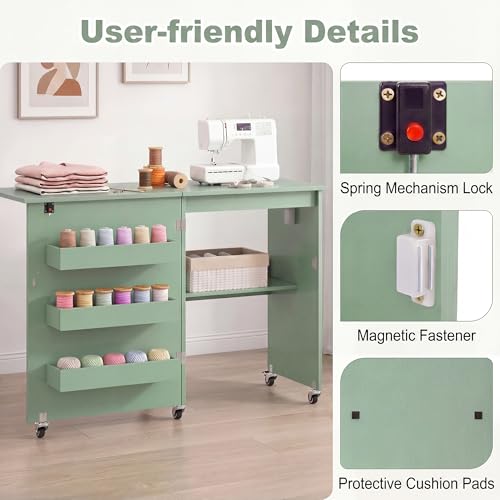 DREAMADE Folding Sewing Table with Storage, Craft Table w/Charging Station, 5 Lockable Wheels, Storage Bins & Shelf, Sewing Machine Desk for Home Office, Apartment, Studio (Green) - color: Green