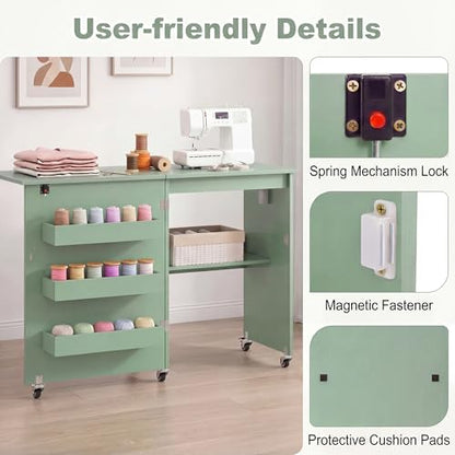DREAMADE Folding Sewing Table with Storage, Craft Table w/Charging Station, 5 Lockable Wheels, Storage Bins & Shelf, Sewing Machine Desk for Home Office, Apartment, Studio (Green) - color: Green