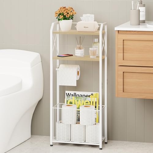 HapiRm Freestanding Toilet Paper Holder - 4-Tier Bathroom Tissue Organizer with Wood Shelves and Large Basket, Toilet Paper Holder Stand for Bathroom, Laundry Room, Apartment - White（Large） - color: White, size: Large