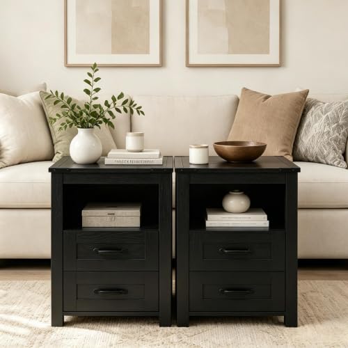 Farmhouse Nightstand Set of 2, Bedside Table with 2 Drawers Storage, Rustic Night Stand with Charging Station, End Table with Open Shelf for Bedroom, Black - color: Black, size: 2pcs with Charging