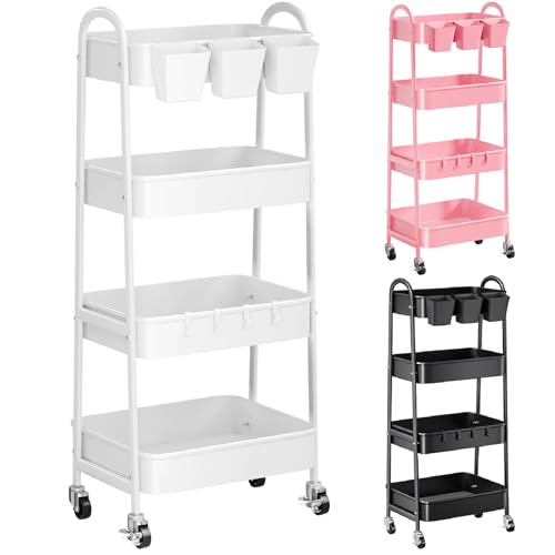 White 4 Tier Rolling Cart Metal with Wheels, Heavy Duty Utility Storage Organizer Carts on Wheels, Four Tiered Roller Cart for Kitchen, Book, Snack, Craft, Art, Dorm, Large Capacity Basket, 38in Tall - color: Simple White, size: 4 tier