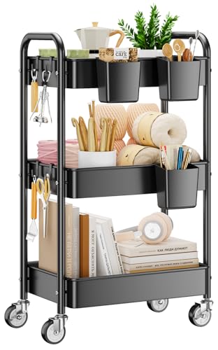 YASONIC 3 Tier Rolling Cart - Metal Utility Cart with Wheels, Hanging Cups, Hooks, Heavy Duty Mesh Rolling Storage Cart Organizer, Craft Cart for Kitchen Office, Lightweight and Sturdy - color: Black