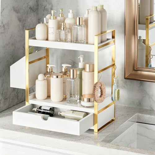 2-Tier Bathroom Counter Organizer, Wooden Vanity Shelf with Drawer & Basket | Pre-Drilled Holes, Skincare & Makeup Countertop Organizer and storage, White-gold - color: White-gold