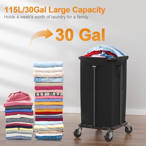 Hodonas Laundry Basket with Wheels, Rolling Laundry Hamper, 30 Gal.(115L), Removable and Machine Washable Liner, Steel Frame, Tall Laundry Cart for Laundry Room, Bedroom, Bathroom, Dorm Storage -Black - color: Black