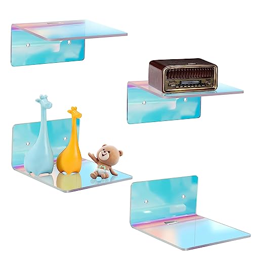 4 Pack Iridescent Small Wall Shelf, 4'' Acrylic Shelves Display Ledges for Storage & Decoration, Small Floating Shelf for Wall with 2 Types of Installation (Adhesive or Screw) - color: Iridescent