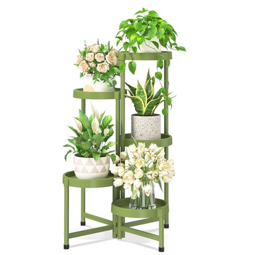 iDavosic.ly 5 Tier Folding Plant Stand Indoor Outdoor with Plastic Tray, Tiered Corner Flower Holder Shelf, Metal Orchid Display Rack for Patio Porch Living Room Garden Balcony, Green - color: Avocado Green, size: 5 Tiers
