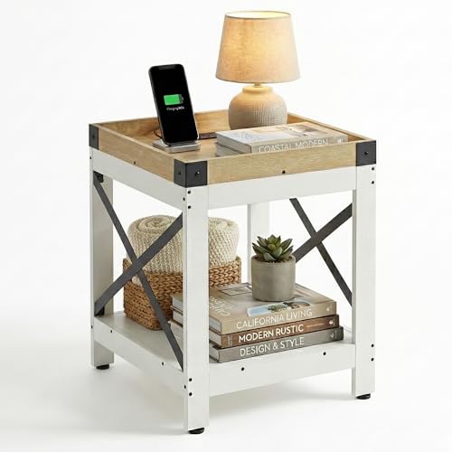 Farmhouse Square 2 Tier Side Table with Charging Station,White+Oak | End Table Sofa Table With X-Metal Frame Industrial Coffee Table Nightstand for Living Room Bedroom Small Spaces - color: White+oak, style: With Outlets