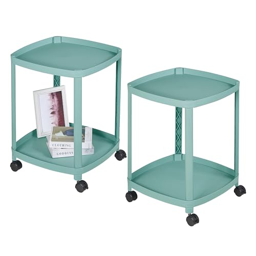 VECELO Rolling End Side Table with Lockable Wheels, 2‑Tier Plastic Mobile Sofa Side Table, Small Nightstand Storage Cart for Living Room Bedroom Bathroom, 2 PCS, Mint Green - color: Mint Green, size: 2 PCS