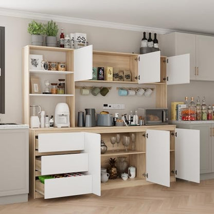 Mekminop Extra Large Kitchen Pantry with Microwave Shelf, Kitchen Hutch Storage Cabinet with Countertop, Freestanding Countertop Cabinet with 3 Drawers and 3 Open Shelves, White + Walnut - color: White + Walnut, size: 82.7" Wide