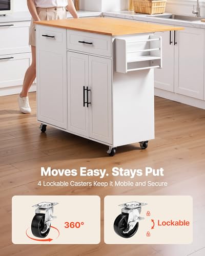 VEVOR Kitchen Island Cart with Storage, 46.06 in Wide Mobile Rolling Storage Island on Swivel Wheels, with Drawer, Storage Cabinet, Drop Leaf, Spice/Towel Rack, Table for Home Dining Room, White - size: 46.06"W (dropleaf)