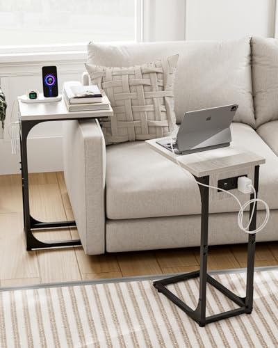 C-Shaped Side Table for Couch - Small Coffee Stand Sofa Tray Desk with Metal Frame Waterproof Scratch Resistant Wood Top and Built-in Charging Station, Greige - color: Greige, size: 1-Pack, style: Includes Power Outlets