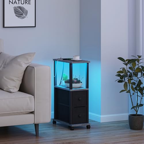 TUTOTAK Small Narrow End Tables, LED Side Tables with 2 Fabric Drawers, Set of 2, Bedside Tables with Charging Station for Small Spaces, Slim Nightstands with USB Ports and Wheels, TB01BY053L - color: Charcoal Grey, style: with LED Light & Outlets