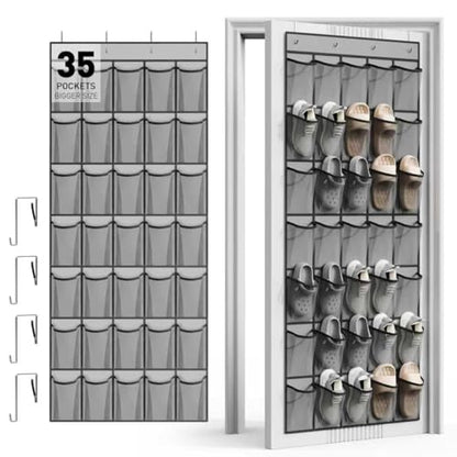 WVM Over the Door Shoe Organizer with 35 Breathable Mesh Pockets, Hanging Shoe Organizer for Door with 4 Metal Hooks, Large Capacity Closet Storage for Shoes, Accessories, Grey - style: Grey