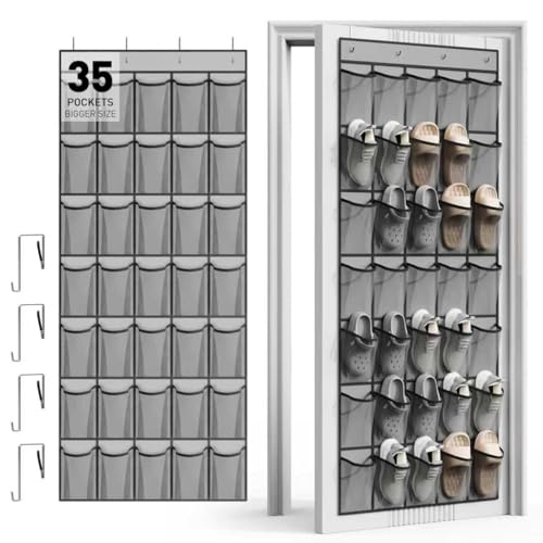 WVM Over the Door Shoe Organizer with 35 Breathable Mesh Pockets, Hanging Shoe Organizer for Door with 4 Metal Hooks, Large Capacity Closet Storage for Shoes, Accessories, Grey - color: Grey