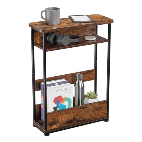 Narrow Side Table,3-Tier Slim End Table with Storage Shelf,Modern Sofa Table Thin Side Table for Narrow and Small Spaces, Skinny Bedside Table Small Nightstand with Magazine Rack Space Saving/Brown - color: Rustci Brown