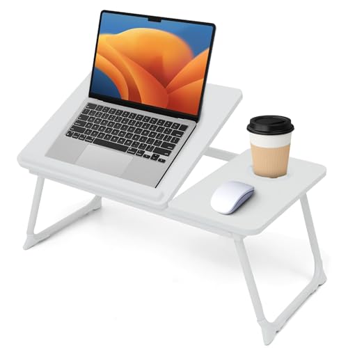 Lap Desk for Couch/Sofa/Floor, 5-Angle Adjustable Bed Desk with Foldable Legs &Cup Holder, Light Weight Bed Tray Table for Writing/Eating/Reading, Portable Laptop Stand for Adults, Kids - color: White