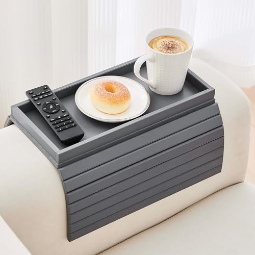 GEHE Bamboo Sofa Arm Tray, Foldable Couch Arm Tray Side Table, Anti-Falling Armrest Tables Cup Holder for Snacks, Drinks, Beers, Phone, Control, Flexible and Portable, Anti-Slip - color: Gray